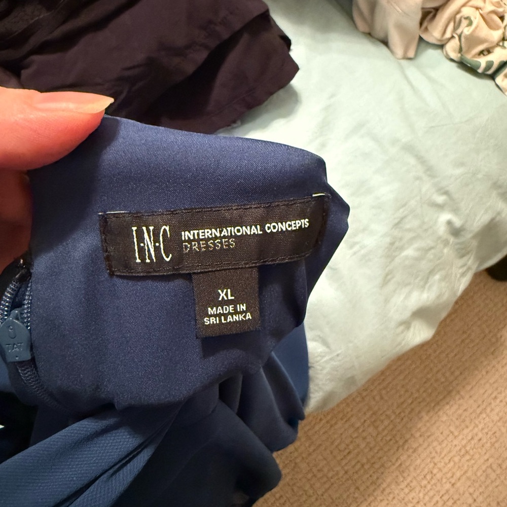 I.N.C | International Concepts Blue Shift Dress XL Long Sleeve V Neck Bow Back - Picture 9 of 9